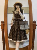 GETADME Autumn France Vintage Long Sleeve Dress Women Fashion Design Bow Lapel Lace Up Plaid Dresses Retro Chic Slim Thin Ruffle Dress
