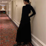 GETADME Autumn Half Turtleneck Dress Women Korean Elegant Black Hepburn Style Midi Dress Y2K High Waist Long Sleeve Warm A Line Vestidos
