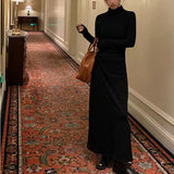 GETADME Autumn Half Turtleneck Dress Women Korean Elegant Black Hepburn Style Midi Dress Y2K High Waist Long Sleeve Warm A Line Vestidos