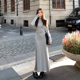 GETADME Autumn Half Turtleneck Dress Women Korean Elegant Black Hepburn Style Midi Dress Y2K High Waist Long Sleeve Warm A Line Vestidos