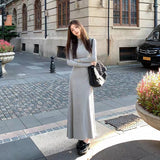 GETADME Autumn Half Turtleneck Dress Women Korean Elegant Black Hepburn Style Midi Dress Y2K High Waist Long Sleeve Warm A Line Vestidos