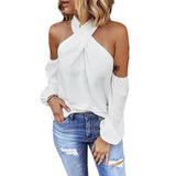 GETADME Autumn Halter Off Shoulder White Shirt Women Elegant Commuting Tops Fashion Casual V Neck Long Sleeve Blouses