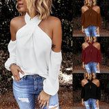 GETADME Autumn Halter Off Shoulder White Shirt Women Elegant Commuting Tops Fashion Casual V Neck Long Sleeve Blouses