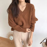 GETADME Autumn New Fashion Retro V-neck Pullover High Quality Solid Color Sweater Loose Casual Knitted Exquisite Soft Comfort Lady's Top