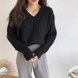 GETADME Autumn New Fashion Retro V-neck Pullover High Quality Solid Color Sweater Loose Casual Knitted Exquisite Soft Comfort Lady's Top