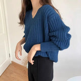 GETADME Autumn New Fashion Retro V-neck Pullover High Quality Solid Color Sweater Loose Casual Knitted Exquisite Soft Comfort Lady's Top