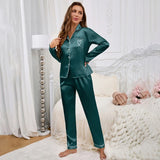 GETADME Autumn Satin Pajama for Women Heart-shaped Embroidery Sleepwear & Loungewear Long Sleeve Top & Pants Home Clothes Pyjama 2 Piece