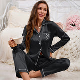 GETADME Autumn Satin Pajama for Women Heart-shaped Embroidery Sleepwear & Loungewear Long Sleeve Top & Pants Home Clothes Pyjama 2 Piece