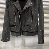GETADME Autumn Shiny Oblique Zipper Full Diamonds Locomotive Bomber Jacket Turn Down Collar Sequined Coat Rhinestones Streetwear Tops