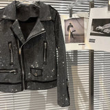 GETADME Autumn Shiny Oblique Zipper Full Diamonds Locomotive Bomber Jacket Turn Down Collar Sequined Coat Rhinestones Streetwear Tops