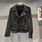 GETADME Autumn Shiny Oblique Zipper Full Diamonds Locomotive Bomber Jacket Turn Down Collar Sequined Coat Rhinestones Streetwear Tops