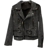 GETADME Autumn Shiny Oblique Zipper Full Diamonds Locomotive Bomber Jacket Turn Down Collar Sequined Coat Rhinestones Streetwear Tops