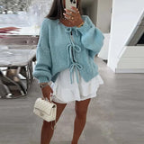 GETADME Autumn Warm Long Sleeved Sweater Lady Elegant Wool Long Sleeved Knitted Cardigan 2024 Casual Commuting Bow Tie-up Solid Sweater