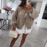 GETADME Autumn Warm Long Sleeved Sweater Lady Elegant Wool Long Sleeved Knitted Cardigan 2024 Casual Commuting Bow Tie-up Solid Sweater