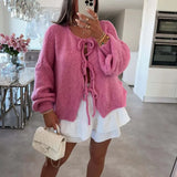 GETADME Autumn Warm Long Sleeved Sweater Lady Elegant Wool Long Sleeved Knitted Cardigan 2024 Casual Commuting Bow Tie-up Solid Sweater