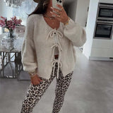 GETADME Autumn Warm Long Sleeved Sweater Lady Elegant Wool Long Sleeved Knitted Cardigan 2024 Casual Commuting Bow Tie-up Solid Sweater