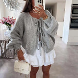 GETADME Autumn Warm Long Sleeved Sweater Lady Elegant Wool Long Sleeved Knitted Cardigan 2024 Casual Commuting Bow Tie-up Solid Sweater