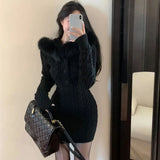GETADME Autumn Winter Elegant Women Sweater Christmas Red Slim Fur Patchwork Hooded Knitted Dress Female Korean Knitwear Hoodie Tops