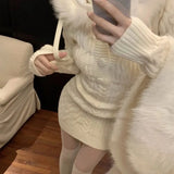 GETADME Autumn Winter Elegant Women Sweater Christmas Red Slim Fur Patchwork Hooded Knitted Dress Female Korean Knitwear Hoodie Tops