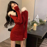 GETADME Autumn Winter Elegant Women Sweater Christmas Red Slim Fur Patchwork Hooded Knitted Dress Female Korean Knitwear Hoodie Tops