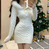 GETADME Autumn Winter Elegant Women Sweater Christmas Red Slim Fur Patchwork Hooded Knitted Dress Female Korean Knitwear Hoodie Tops