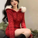 GETADME Autumn Winter Elegant Women Sweater Christmas Red Slim Fur Patchwork Hooded Knitted Dress Female Korean Knitwear Hoodie Tops