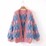 GETADME Autumn Winter Handmade Mohair Contrast Color Wave Striped Sweater Coat Knit Crocheted Cardigan Balls Hooked Lantern Sleeve Tops