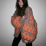 GETADME Autumn Winter Handmade Mohair Contrast Color Wave Striped Sweater Coat Knit Crocheted Cardigan Balls Hooked Lantern Sleeve Tops