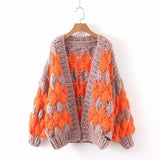GETADME Autumn Winter Handmade Mohair Contrast Color Wave Striped Sweater Coat Knit Crocheted Cardigan Balls Hooked Lantern Sleeve Tops