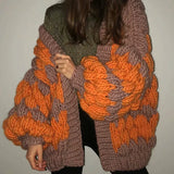 GETADME Autumn Winter Handmade Mohair Contrast Color Wave Striped Sweater Coat Knit Crocheted Cardigan Balls Hooked Lantern Sleeve Tops