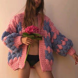 GETADME Autumn Winter Handmade Mohair Contrast Color Wave Striped Sweater Coat Knit Crocheted Cardigan Balls Hooked Lantern Sleeve Tops