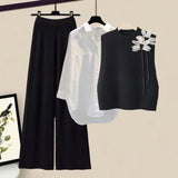GETADME Autumn Winter Knitted 3 Pieces Set Office Ladies Elegant Knitted Vest+white Shirts+wide Leg Pants Sets For Women Clothing 2025