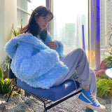 GETADME Autumn Winter Lambswool Hooded Fleece Jacket Women's Thick Zipper Plush Bomber Coat Cardigan Crop Teddy Flocking Parka Tops 2022
