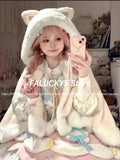 GETADME 가을 겨울 귀여운 달콤한 소녀 로리타 케이프 여성용 일본 스타일 따뜻한 두꺼운 플러시 후드 망토 레이디 폰초 재킷