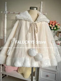 GETADME 가을 겨울 귀여운 달콤한 소녀 로리타 케이프 여성용 일본 스타일 따뜻한 두꺼운 플러시 후드 망토 레이디 폰초 재킷