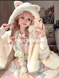 GETADME 가을 겨울 귀여운 달콤한 소녀 로리타 케이프 여성용 일본 스타일 따뜻한 두꺼운 플러시 후드 망토 레이디 폰초 재킷