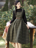 GETADME Autumn Winter Plaid Dress Women Spaghetti Strap Woolen Long Dresses With Belt Vintage Party Elegant Vestidos