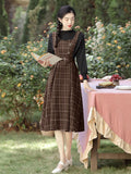 GETADME Autumn Winter Plaid Dress Women Spaghetti Strap Woolen Long Dresses With Belt Vintage Party Elegant Vestidos