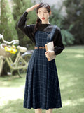 GETADME Autumn Winter Plaid Dress Women Spaghetti Strap Woolen Long Dresses With Belt Vintage Party Elegant Vestidos