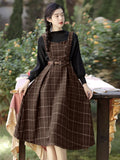 GETADME Autumn Winter Plaid Dress Women Spaghetti Strap Woolen Long Dresses With Belt Vintage Party Elegant Vestidos