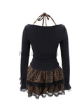 GETADME Autumn Winter Sexy Leopard Print Skirt Suit Women Fake Two Piece Tops + Lace Cake Skirt Set Japanese Y2k Bow Sets 2000s Clothing