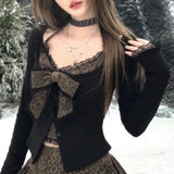 GETADME Autumn Winter Sexy Leopard Print Skirt Suit Women Fake Two Piece Tops + Lace Cake Skirt Set Japanese Y2k Bow Sets 2000s Clothing