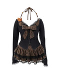 GETADME Autumn Winter Sexy Leopard Print Skirt Suit Women Fake Two Piece Tops + Lace Cake Skirt Set Japanese Y2k Bow Sets 2000s Clothing
