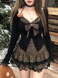 GETADME Autumn Winter Sexy Leopard Print Skirt Suit Women Fake Two Piece Tops + Lace Cake Skirt Set Japanese Y2k Bow Sets 2000s Clothing