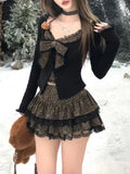 GETADME Autumn Winter Sexy Leopard Print Skirt Suit Women Fake Two Piece Tops + Lace Cake Skirt Set Japanese Y2k Bow Sets 2000s Clothing