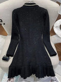 GETADME Autumn Winter Small Fragrant Beige Black Diamonds Buttons Wool Knitted Dress Women Long Sleeve Pearls Sweater Short Vestidos New