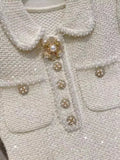 GETADME Autumn Winter Small Fragrant Beige Black Diamonds Buttons Wool Knitted Dress Women Long Sleeve Pearls Sweater Short Vestidos New