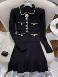 GETADME Autumn Winter Small Fragrant Beige Black Diamonds Buttons Wool Knitted Dress Women Long Sleeve Pearls Sweater Short Vestidos New