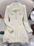 GETADME Autumn Winter Small Fragrant Beige Black Diamonds Buttons Wool Knitted Dress Women Long Sleeve Pearls Sweater Short Vestidos New