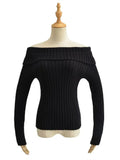 GETADME Autumn Winter Solid Color Rib Knitted Off the Shoulder Pullover Sweater Sexy Women Full Sleeve Slim Stretch Knitwear Jumper